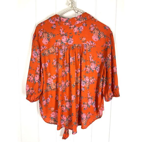 Free People Celia Floral Print Tie Front Button Up Short Sleeve Blouse Orange L - Picture 7 of 9